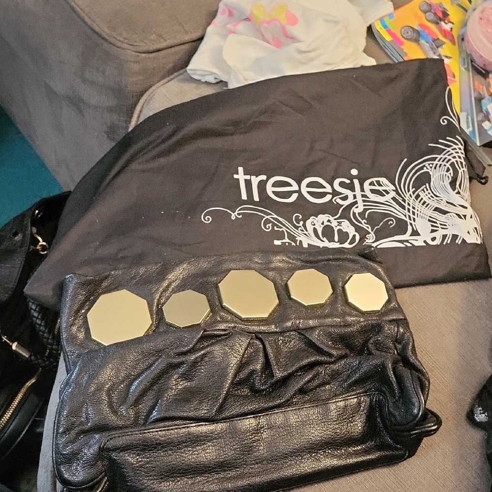 Treesje Black Clutch with Gold Accents Leather